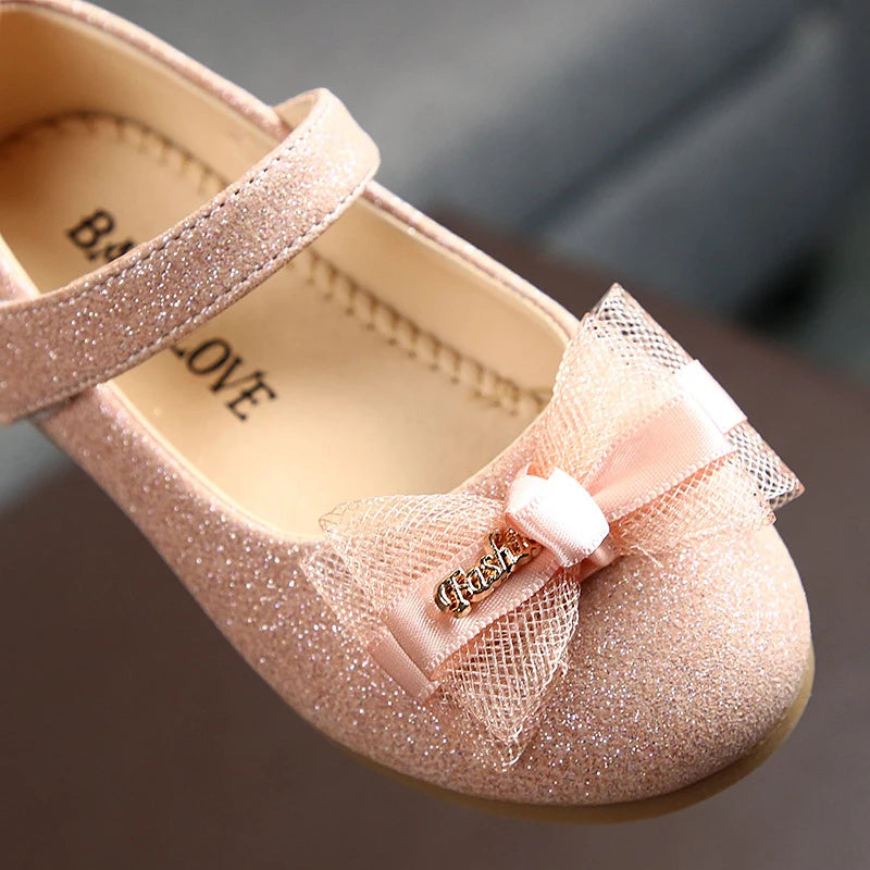 Girls PU Leather Shoes Kids Children Princess Lace Bowknot Sparkling Shoes Spring Autumn Baby Casual Party Flats