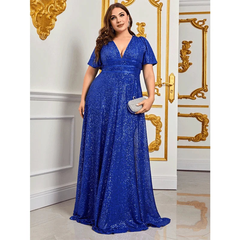 Plus Size Blue Sequins Shiny Maxi Evening Dress 4XL5XL Luxury V Neck Short Sleeve Loose 2023 Summer Plus Size Shiny Dresses