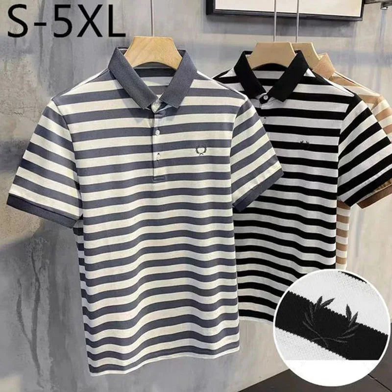 Summer Men Classic Stripe Embroidered Polo Shirt Trend Korean Simple Fashion Casual Lapel Short Sleeve Tees Versatile Slim Tops