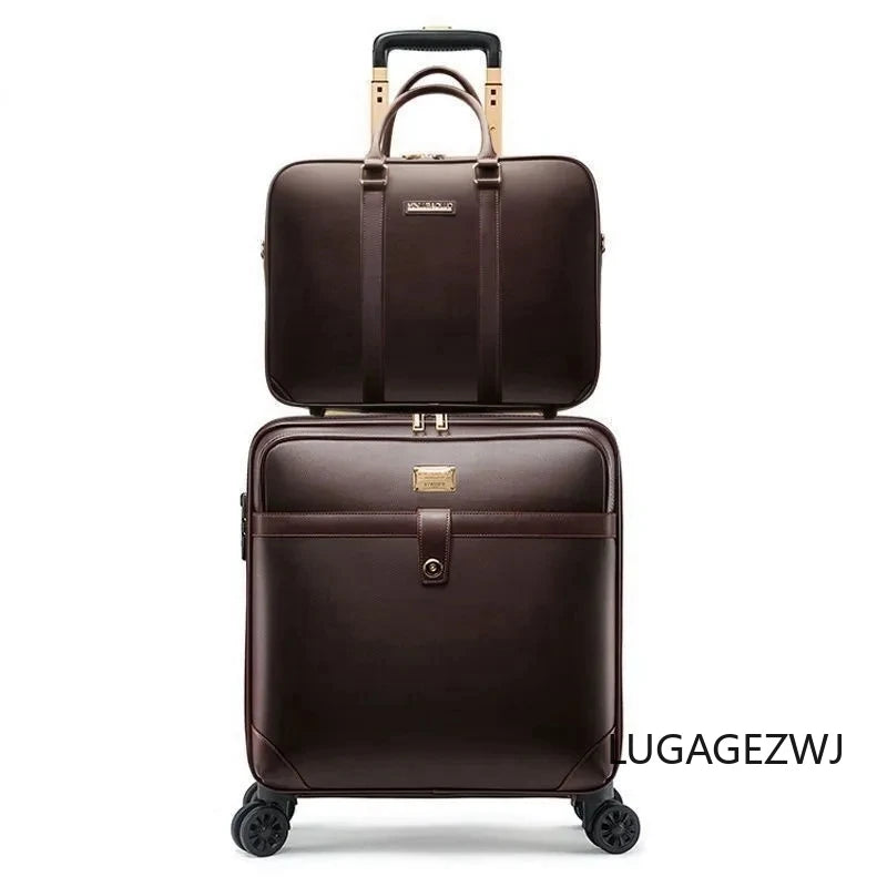 Brand Genuine Leather Roller Trolley Case Set Men Business Travel Luggage With Computer Bag Large Capacity Cabin Retro Suitcase