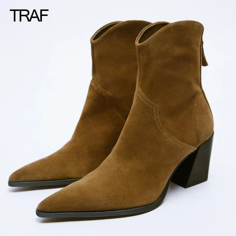 TRAF Brown Ankle Boots Woman Heeled Cowboy Chelsea Ankle Boots Woman Winter 2022 Fashion Elegant Women's Short Leather Snow boot