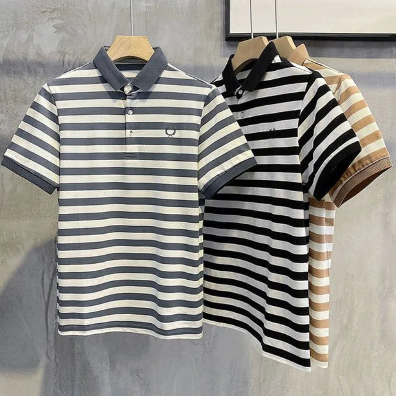 Summer Men Classic Stripe Embroidered Polo Shirt Trend Korean Simple Fashion Casual Lapel Short Sleeve Tees Versatile Slim Tops