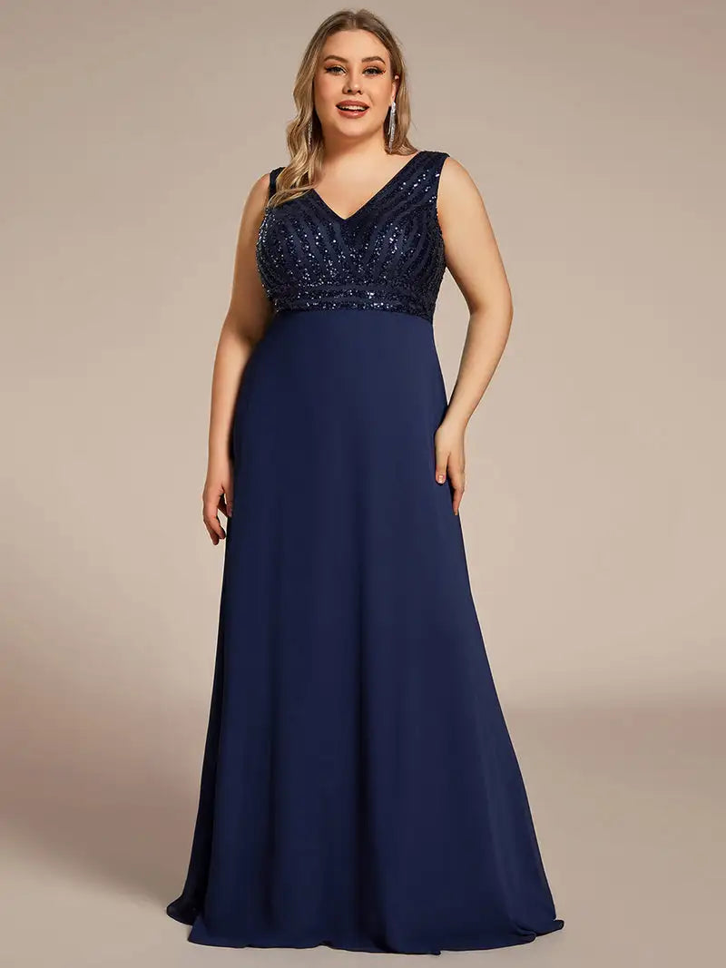 Plus Evening Dresses Sleeveless V-Neck Sequin & Chiffon Floor Length Ever Pretty 2023 of A-line Navy Blue Bridesmaid Dresses