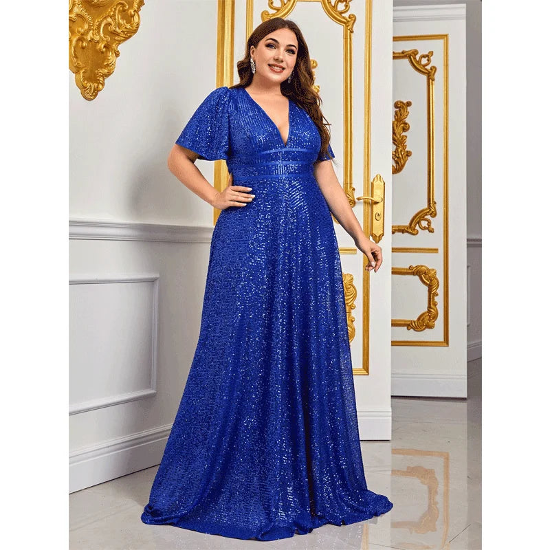 Plus Size Blue Sequins Shiny Maxi Evening Dress 4XL5XL Luxury V Neck Short Sleeve Loose 2023 Summer Plus Size Shiny Dresses