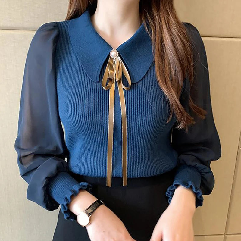 Women Patchwork Sweater Chiffon Lantern Sleeve Turn-down Collar Pullover Office Lady Sweater For Women 2023 Autumn Winter