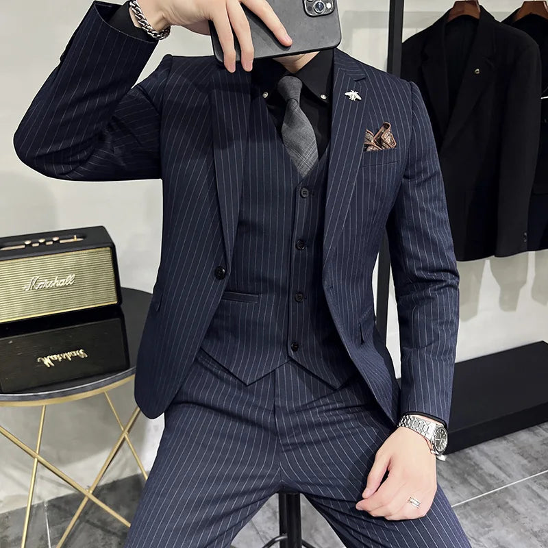 M-7XL Blazer Vest Pants Boutique Fashion Autumn & Winter Men's Casual Business Striped Suit Groom Wedding Dress Party Suits