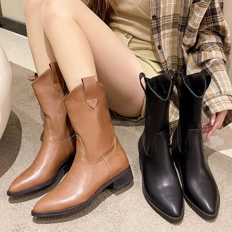 Women's Boots 2023 Plus Size Shoes Female Mid-Calf Modern Boots Women Solid Slip-on Pointed Toe Square Heel Retro Female Shoes