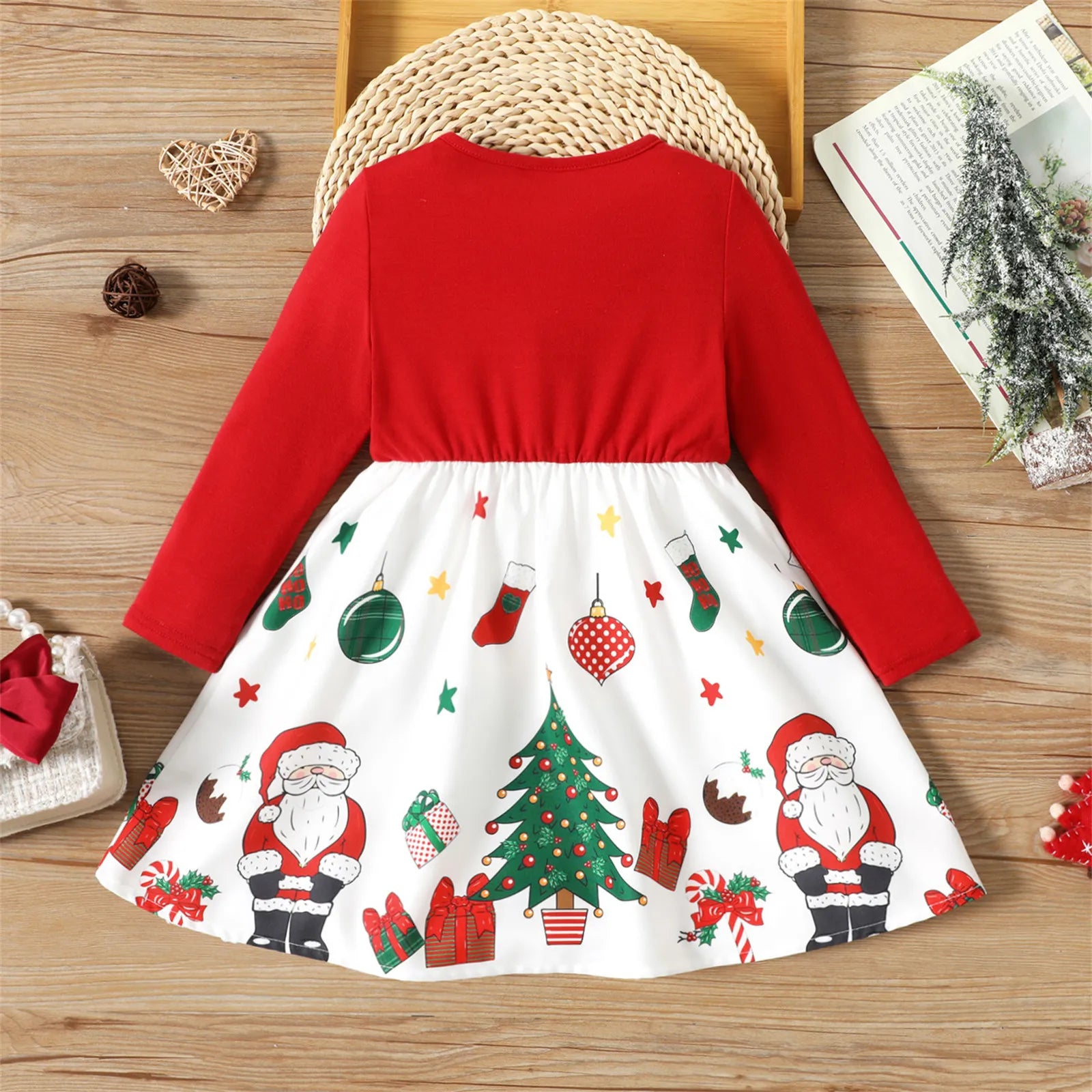 PatPat Toddler Girl Christmas Dress for Girls Santa Claus Graphic Bowknot Design Splice Long-sleeve Dresses