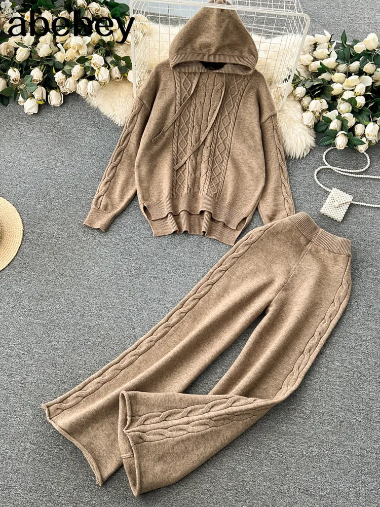 Two Piece With Hat Autumn Women Sweater Tracksuit Fashion loose Sweater+Pant Female Knit Warm Set Wide Leg Pants Suits Trousers