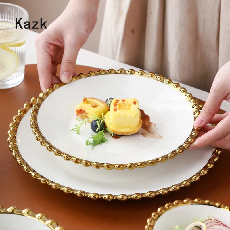 Creative Golden Beaded Side Dinner Plate Nordic Ceramic Plates and Bowls Spaghetti Dishes Dessert Salad Dish Western Tableware