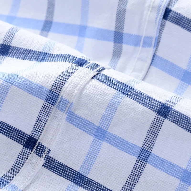 Men's Button-collar Long Sleeve Checkered Oxford Plaid Shirt Single Pocket Comfortable Cotton Regular-fit Casual Striped Shirts