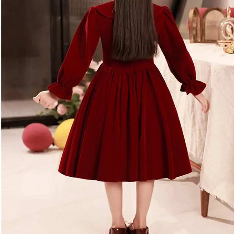 Girls Wine Red Long Sleeve Dress Autumn Winter Children Princess Thick Clothes Kids Christmas Party Piano Performance Dresses