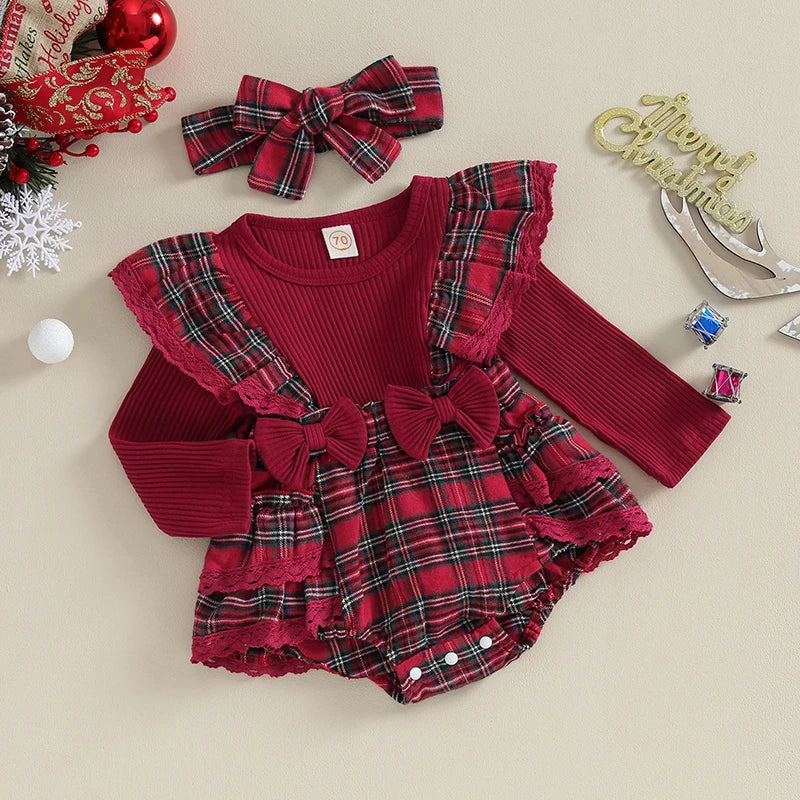 ma&baby 0-18M Christmas Newborn Infant Baby Girl Rompers Long Sleeve Lace Ruffle Knit Jumpsuit Headband Xmas Outfits Costume D05