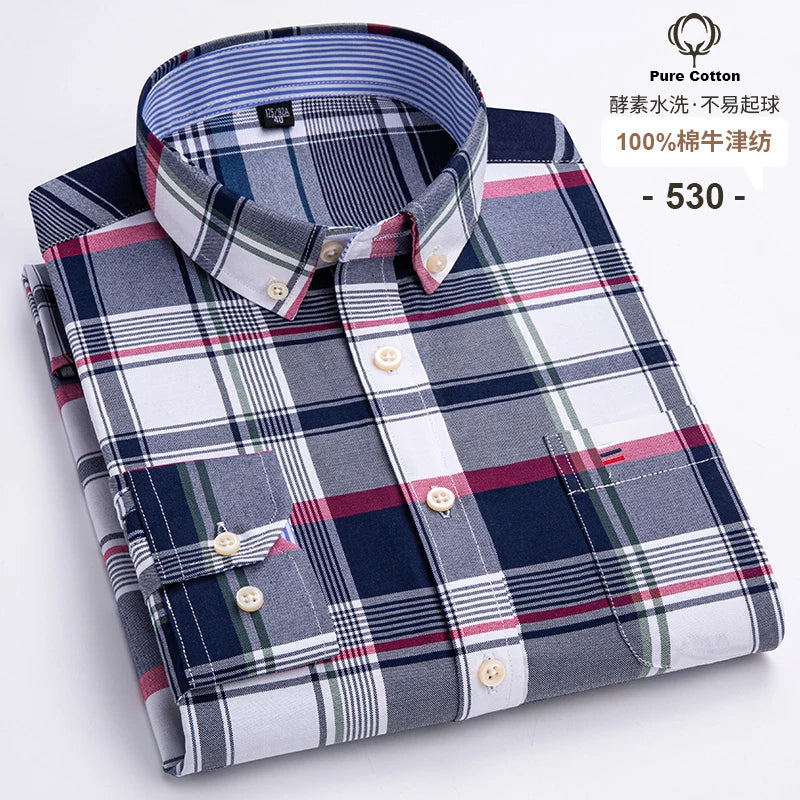 Men's Casual 100% Cotton Oxford Striped  Pocket Long Sleeve Soft Buttoned Plaid Formal Male Clothes Oversized Shirt Plus Size