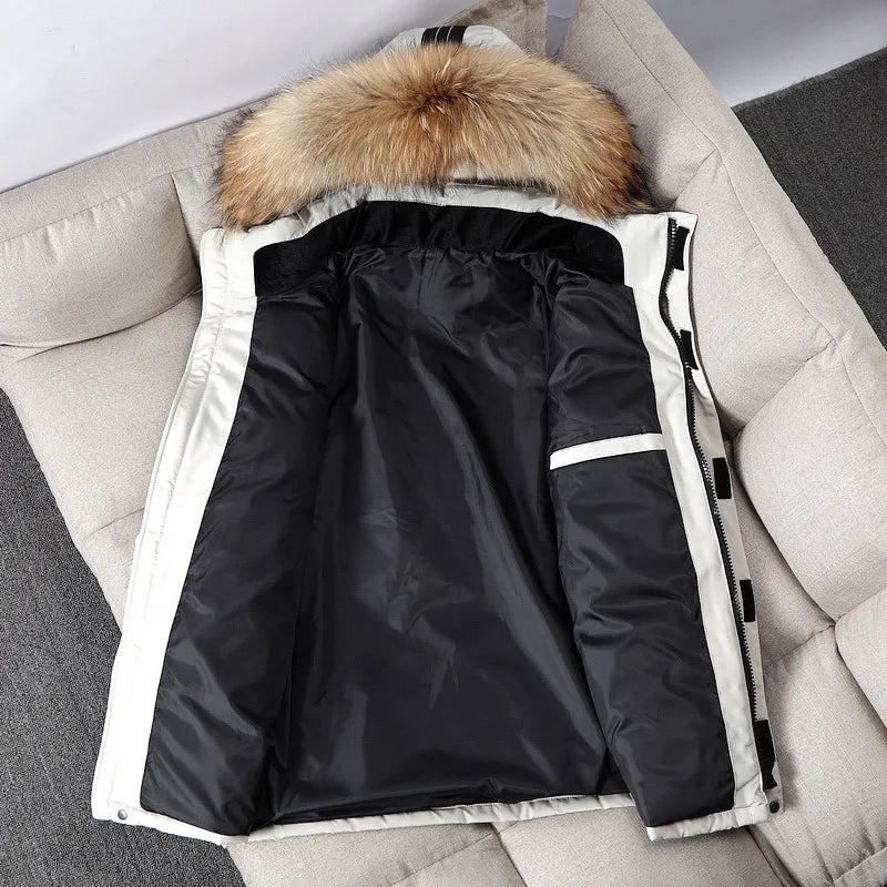 Winter Down Jacket Men 90% White Duck Down Parkas Coat Mid-length Fur Collar Male Thicken Snow Overcoat -30 Degree Keep Warm