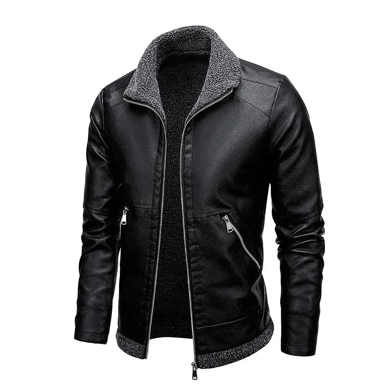 Winter Fleece Warm Coat Men Biker Leather Jacket Lapel Zipper Thick Male Slim Windproof Leather Moto Jacket Motorcycle Outwear