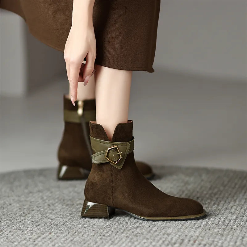 British Style Low Heels Ankle Boots Women 2023 Autumn Suede Faux Square Toe Short Boots Woman Thick Heeled Cowgirl Botas Shoes