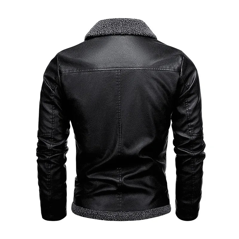 Winter Fleece Warm Coat Men Biker Leather Jacket Lapel Zipper Thick Male Slim Windproof Leather Moto Jacket Motorcycle Outwear