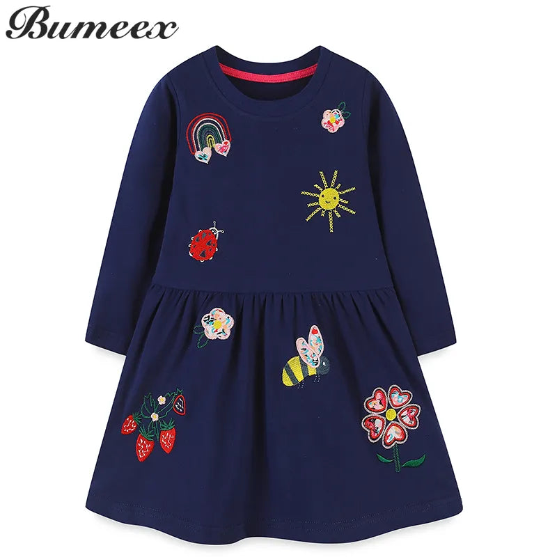 Bumeex 2-7T Girls Dresses Autumn Cartoon Pattern Long Sleeve Children Girls Outdoor Play Dresses Toddler Clothes