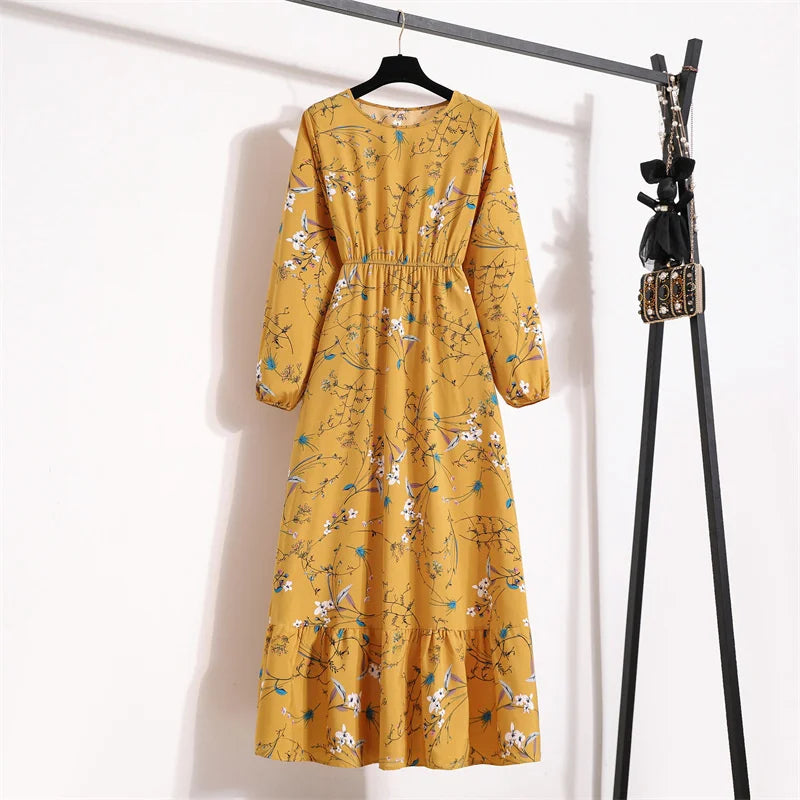 Elegant Floral Boho Dress Female High Waist Bohemian Maxi Dresses For Women 2022 Chic Korean Long Sleeve Beach Outfits Robe