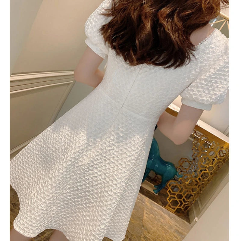 Korean Style White Dress Summer Women's Clothing Wedding Birthday Party Dress Bead Pearl French Retro Prom Skirt Boho Dress