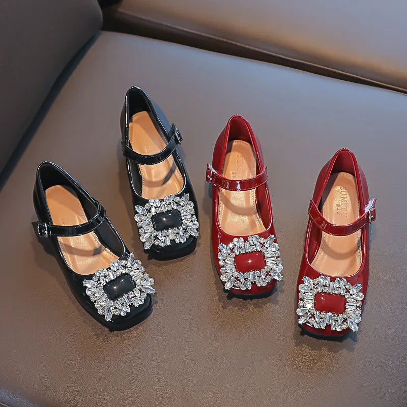 Kids Shoes 2022 Spring Fashion Princess Dress Shoes Baby Girls Flats Patent Brand Mary Jane Rhinestone Middle Heel Red Soft Sole