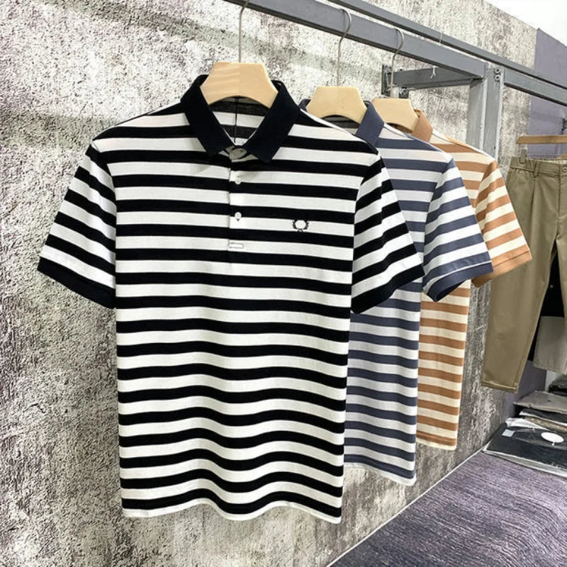 Summer Men Classic Stripe Embroidered Polo Shirt Trend Korean Simple Fashion Casual Lapel Short Sleeve Tees Versatile Slim Tops