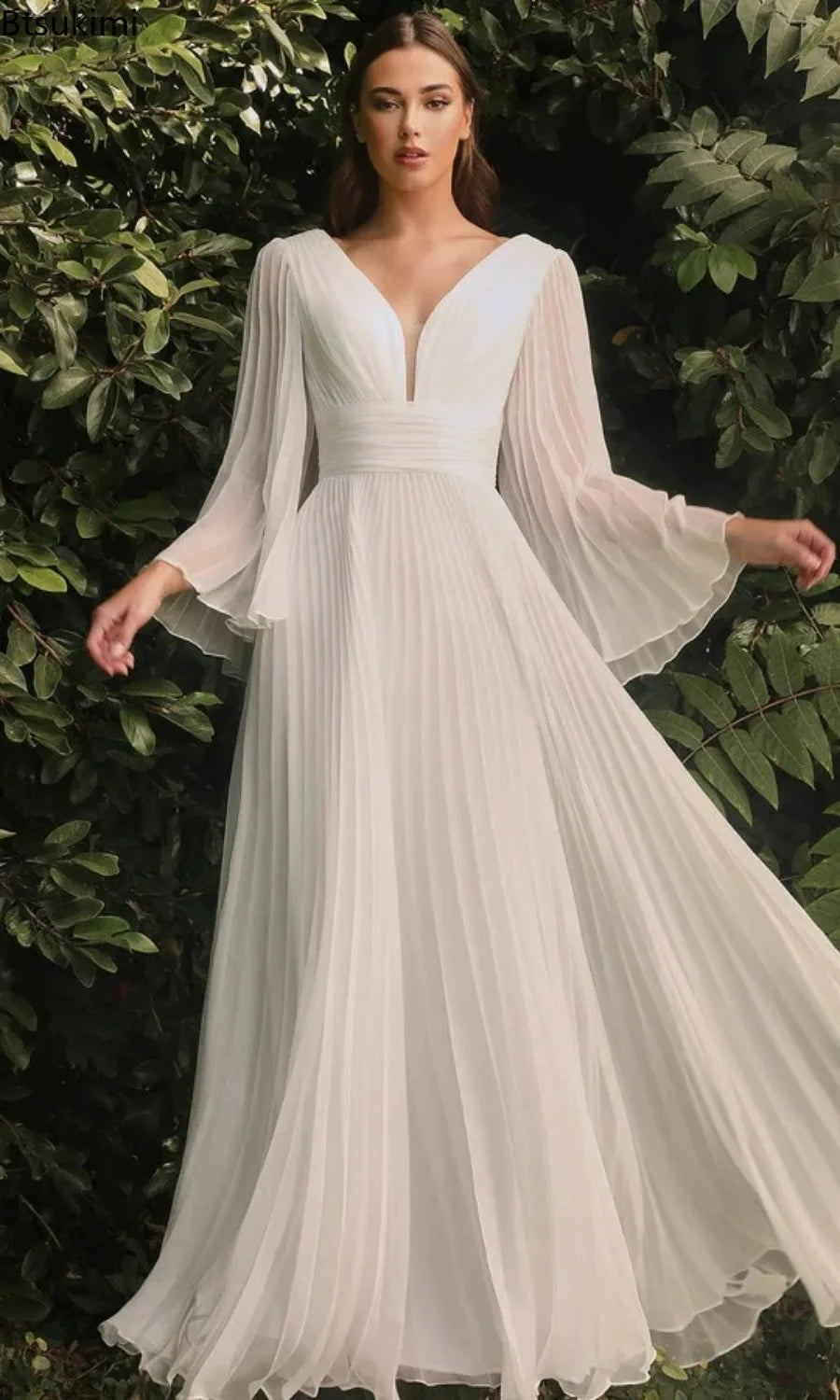 2023 Women's Elegant Evening Party Dress Long Sleeve Sexy Deep V Neck White Floor Length Dresses Female Wedding Gowns Prom Robes