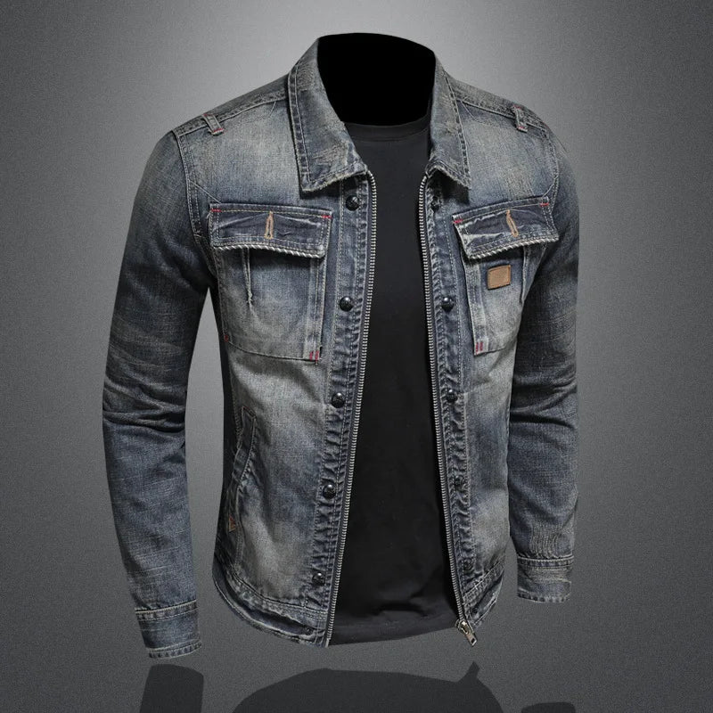 2023High Quality Fashion Trend Handsome Personality Zipper Motorcycle Denim Jacket Jacket Men's Lapel Trend Vintage Denim Jacket