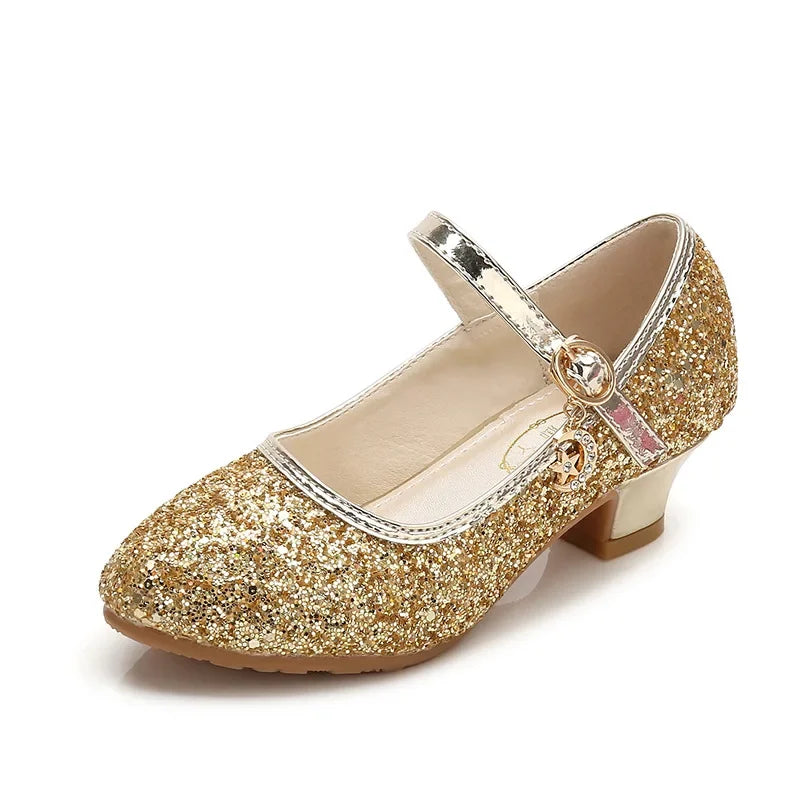 New Brand Sequin Designer Girls Shoes Fashion Stage High Heel Dance Crystal Show Hosting Children's Princess Leather Shoes