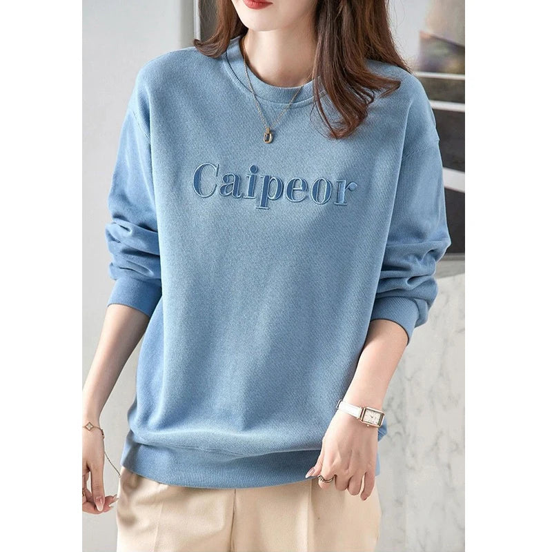 Women Simple Casual Streetwear Letter Embroidery Loose Sweatshirts Autumn Winter Trendy Solid Long Sleeve Fleece Pullover Tops