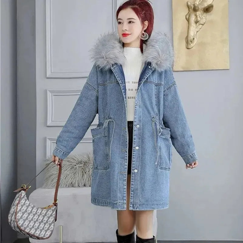 New Fur collar Hooded Fleece Denim Jacket Women's 2023 Winter Loose Thicken Jeans Jackets Female Warm Parka Long Casual Overcoat