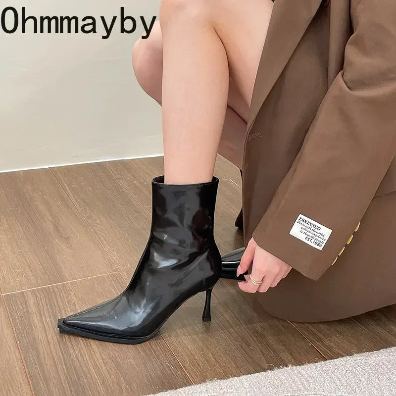 Autumn Winter Short Plush Women Ankle Boots Fashion Pointed Toe Ladies Elegant Chelsea Pumps Shoes Thin High Heel Short Boots