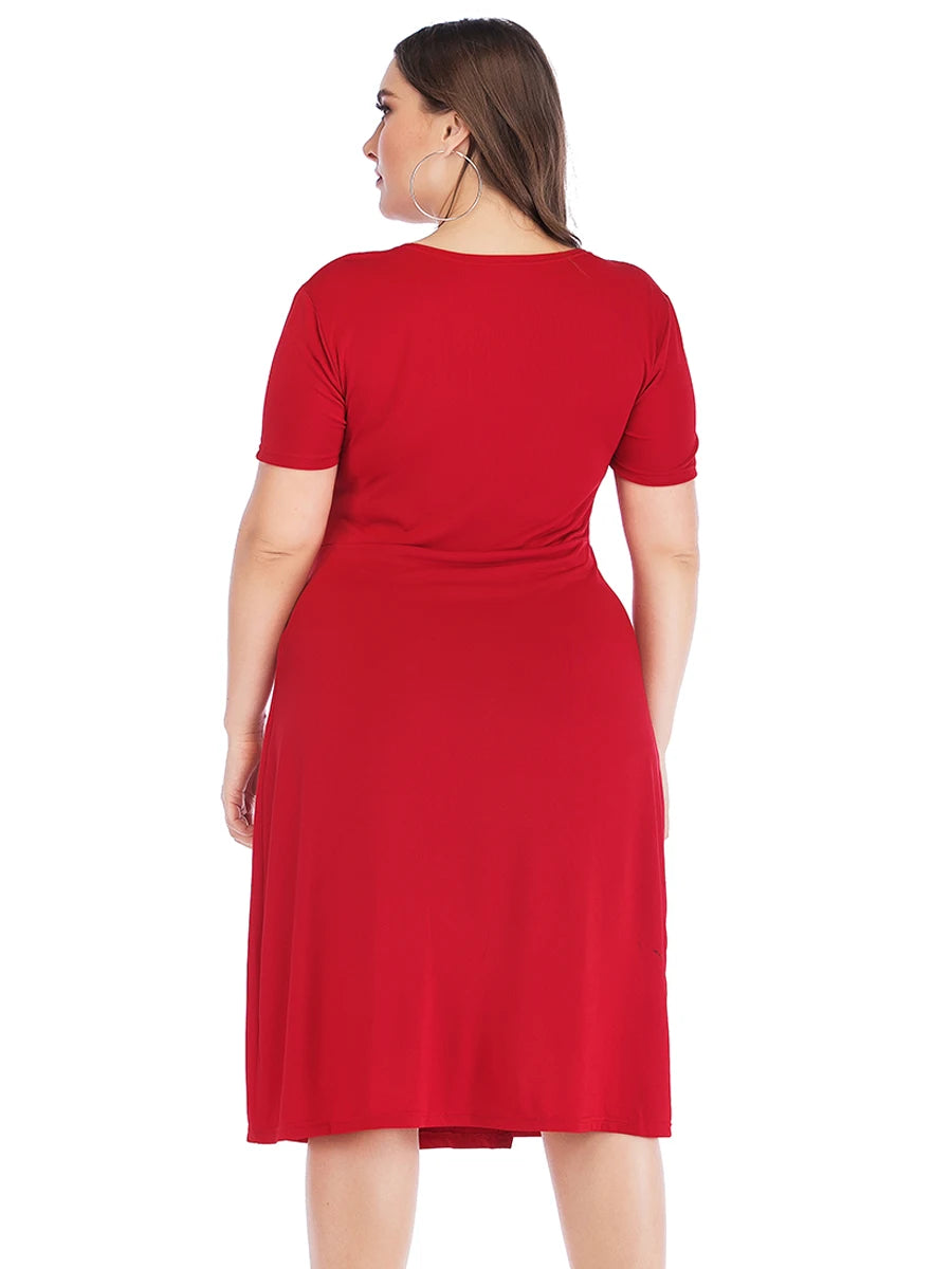 Plus Size Dress Woman 2023 Summer V Neck Short Sleeve Solid Casual Dress High Waist Red Midi Dress Curvy Size Women Clothing