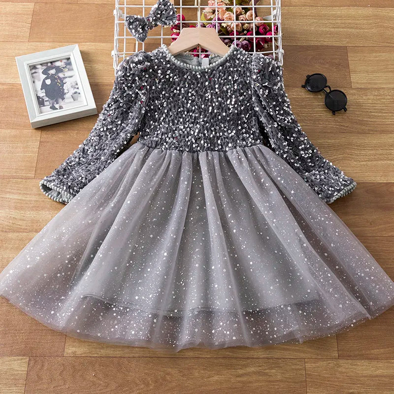 Sequin Girls Princess Party Dresses for 3-8 Yrs Kids Birthday Wedding Evening Prom Gown Spring Fall Long Sleeve Children's Dress