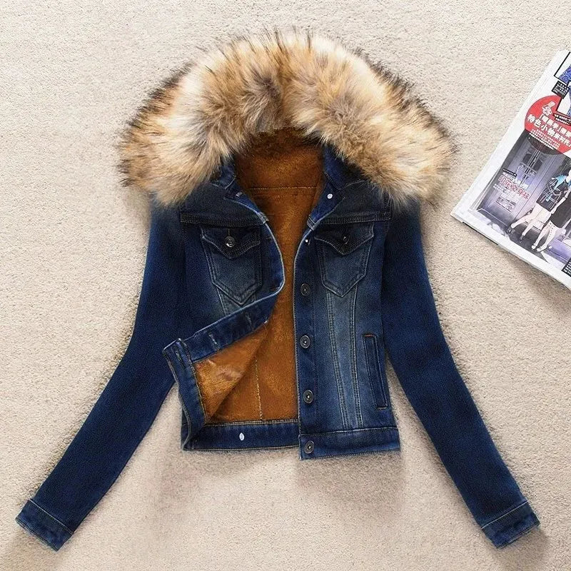 2023 Autumn Winter Fleece Denim Jacket Women Big Fur Collar Short Coat Thicken Velvet Liner Warm Tops Lady Jean Coat Outerwear