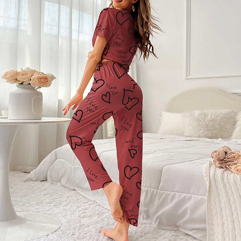 Women Pajama Set Short Sleeve Shirt and Trousers Sleepwear Pyjamas With Eye Mask Loungewear Nightwear Ladie Pijama Home Clothing