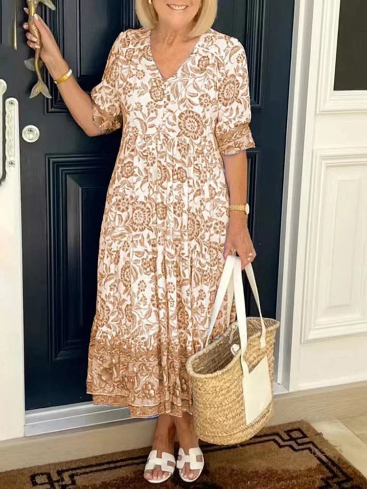 Boho Print Dress Women Summer Long Dress Female Fashion V Neck Half Sleeve Dress Ladies Loose Oversized Beach Party Dress