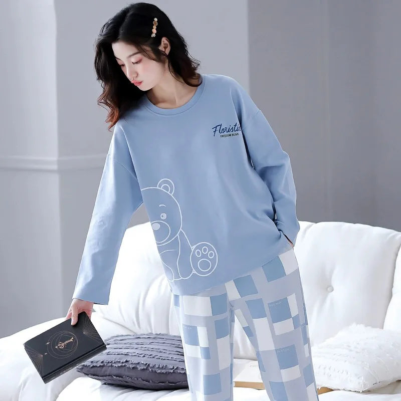 New Spring And Autumn Pajamas Women's Autumn And Winter 2 Pieces Of Long-Sleeved Trousers Set Of Home Clothing Ladies Pajamas Se