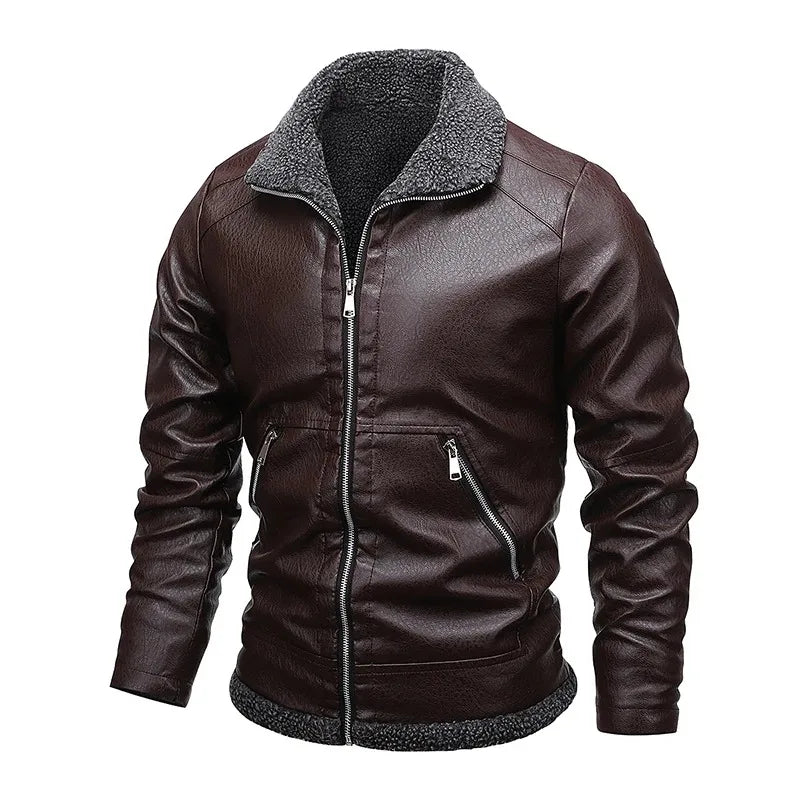 Winter Fleece Warm Coat Men Biker Leather Jacket Lapel Zipper Thick Male Slim Windproof Leather Moto Jacket Motorcycle Outwear