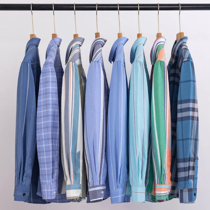 2024 New Long-sleeve Shirts  Men Slim Fit Formal Plain Shirt Striped Plaid Slingle Pocket TopsItems Clothes