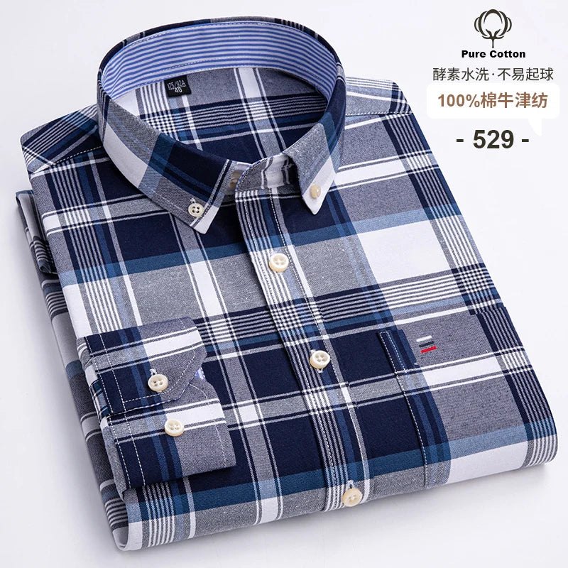 Men's Casual 100% Cotton Oxford Striped  Pocket Long Sleeve Soft Buttoned Plaid Formal Male Clothes Oversized Shirt Plus Size