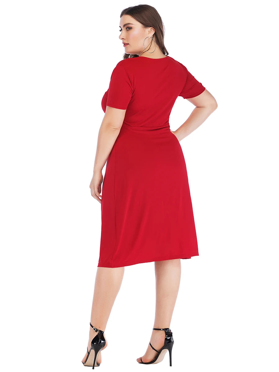 Plus Size Dress Woman 2023 Summer V Neck Short Sleeve Solid Casual Dress High Waist Red Midi Dress Curvy Size Women Clothing