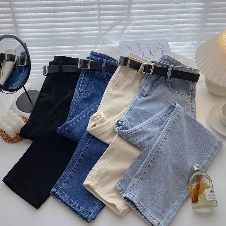 Simple Basic High Waist Straight Pants Woman Spring Autumn Loose Streetwear Women Pants Korean Casual Ankle-length Women Jeans