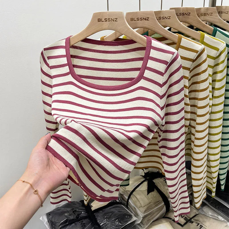 Women Stripes Square Collar Long Sleeve T-Shirt Autumn 2023 New Ladies Simple Fashion Pullover Tops Bottoming Knitted Shirts