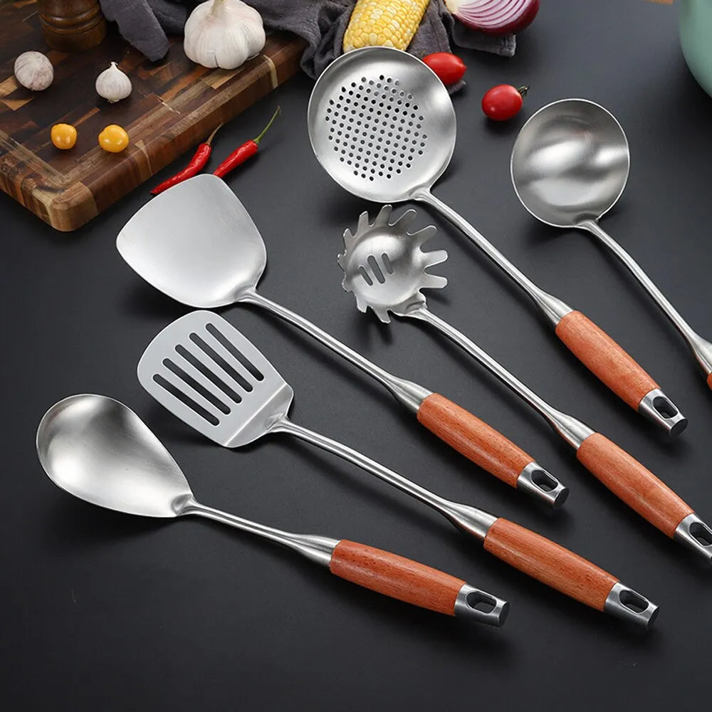 5/6/7PCS Stainless Steel Wok Spatula Wood Handle Cooking Shovel Ladle Kitchen Utensils Baking Cooking Tools Kitchenware Cookware