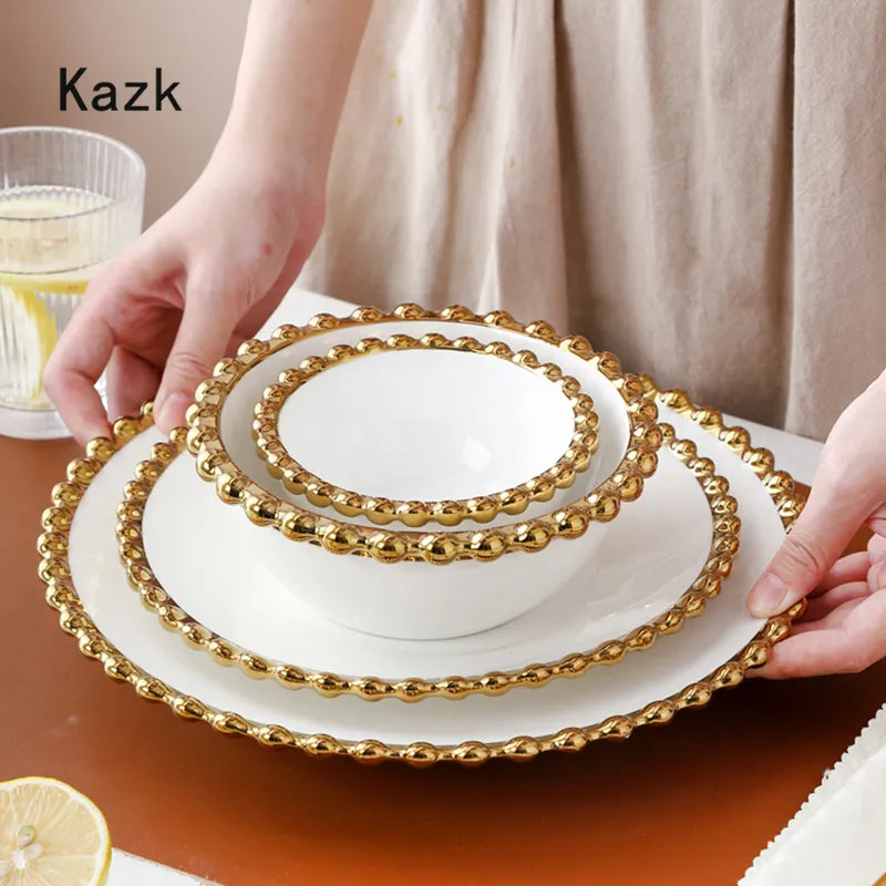 Creative Golden Beaded Side Dinner Plate Nordic Ceramic Plates and Bowls Spaghetti Dishes Dessert Salad Dish Western Tableware