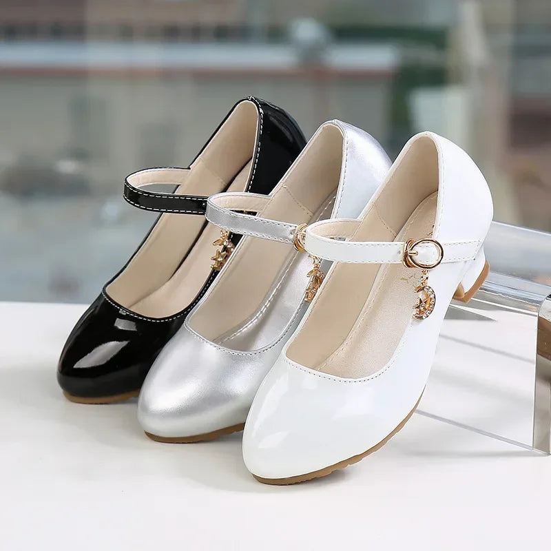 White Pink Children Party Leather Shoes Girls Elegant Fashion Kids High Heels for Princess Single Shoes Student Show Dance Shoes