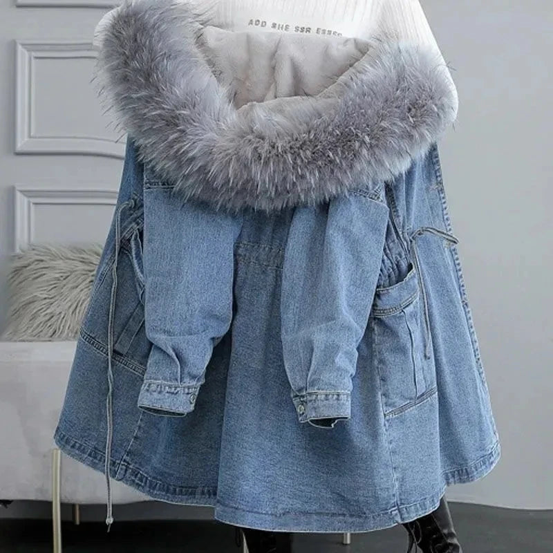 New Fur collar Hooded Fleece Denim Jacket Women's 2023 Winter Loose Thicken Jeans Jackets Female Warm Parka Long Casual Overcoat