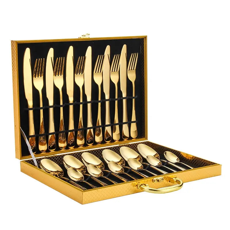 24 Piece Stainless Steel Western Tableware Household Knife, Fork, Spoon, Tea Spoon 4 Piece Wooden Box Craft Gift Box Set